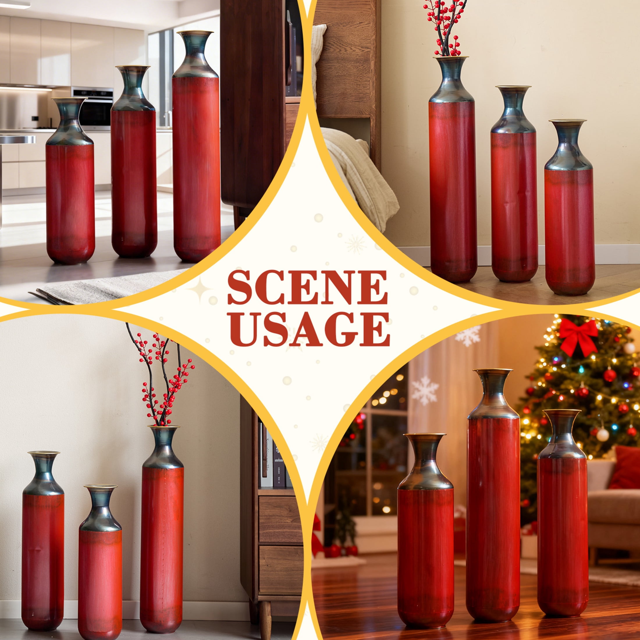 Noble House Set of 3 Torch-Fired Metal Floor Vases, 28.35", 24.41", 20.47" Tall, Red