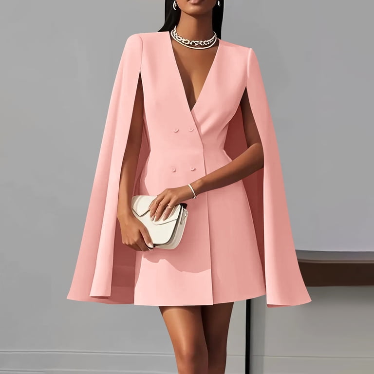 Einccm Women's Dress Fall Work Double Breasted Cape Dress with Long Sleeves and Round Neck, Elegant Casual Plus Size Solid Color Suit-Style Dress for 
