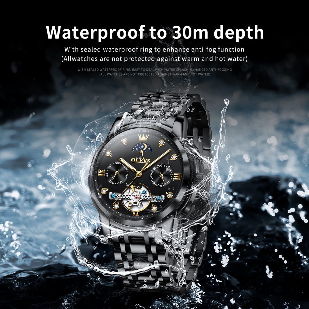 OLEVS Automatic Watches for Men Self Winding Mechanical Skeleton Flywheel Chronograph Luxury Dress Stainless Steel Diamond Moon Phase Waterproof Luminous Mens Wrist Watches Reloj Para Hombre