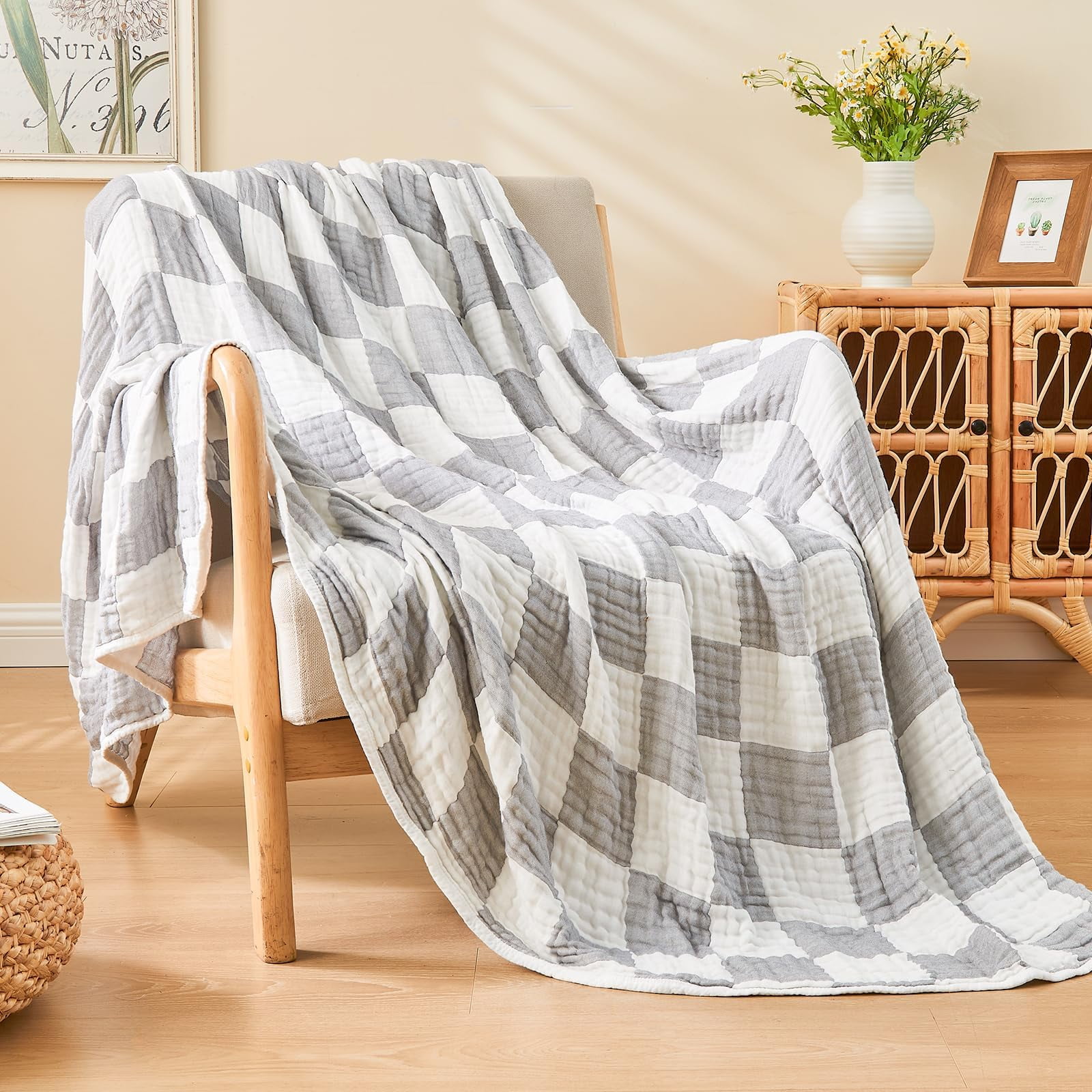 EMME Checkered Blanket Cotton Queen Size for Bed Soft Large 6 Layer Muslin Bed Blankets 80"x90" Lightweight Breathable Blanket All Season Gauze Blanket, Checkeredboard Grey