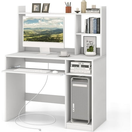 White Desk with Hutch &Charging Station, Home Office Desk with Keyboard Tray & CPU Stand, Modern Laptop PC Desk, Space-Saving Writing Study Desk with Bookshelf, Ideal for Dorm Bedroom