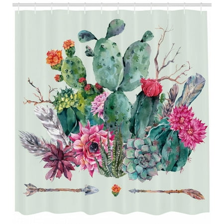 Cactus Shower Curtain, Spring Garden with Boho Style Bouquet of Thorny Plants Blossoms Arrows Feathers, Fabric Bathroom Set with Hooks, Multicolor, by
