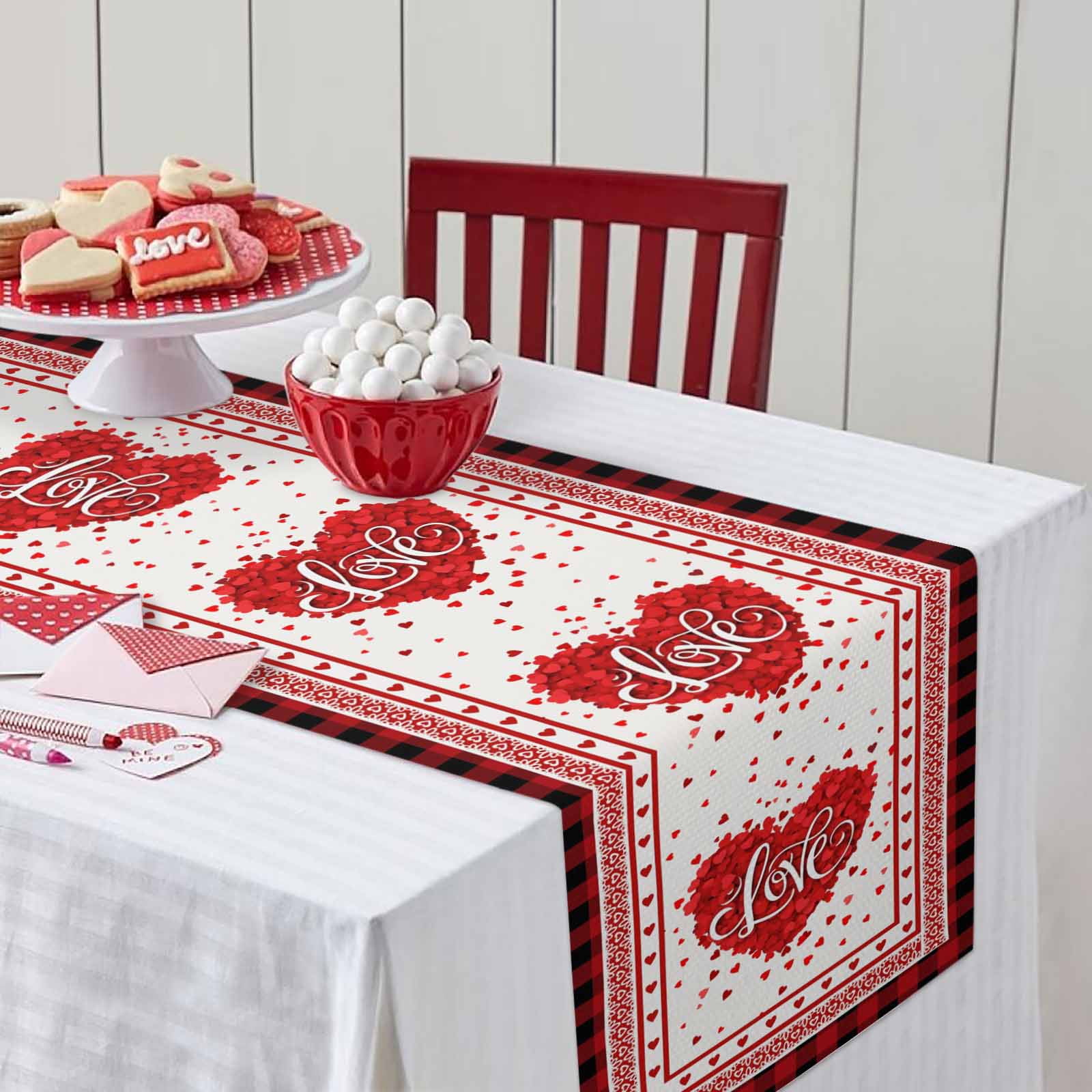 LOVE Heart Table Runner, Valentine's Day Romantic Red Plaid Boundary Washable Cotton-linen Table Runners Dining Kitchen Decoration for Everyday Home Wedding Party Decor, 13 x 90 Inch