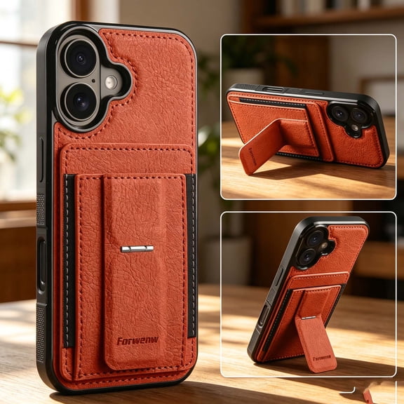 For iPhone 17 Phone Case,With Credit Card Slots,Invisible Foldable Kickstand,Anti-Scratch Shockproof Heavy Duty Drop Protection,Durable Anti-fall Non-slip Rugged Phone Case,Orange