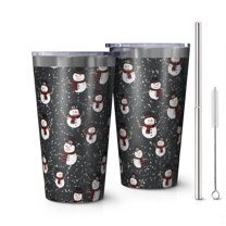 16oz Tumblers Black Christmas Snowman Pattern Stainless Steel Vacuum Insulated Double Wall Travel Tumbler Cups Mug with Lid and Straw,Cleaning Brush for Coffee,Tea