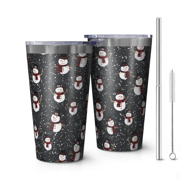 16oz Tumblers Black Christmas Snowman Pattern Stainless Steel Vacuum Insulated Double Wall Travel Tumbler Cups Mug with Lid and Straw,Cleaning Brush for Coffee,Tea