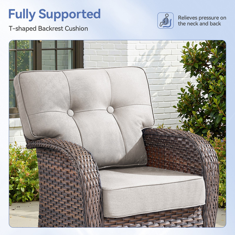 PARKWELL 7 Pieces Patio Furniture Set with Swivel Chairs, 7-Seat Wicker Conversation Set with Rattan Rocking Chair, Ottoman, Coffee Table and 5" Thick Cushion for Porch Deck, Brown/Beige