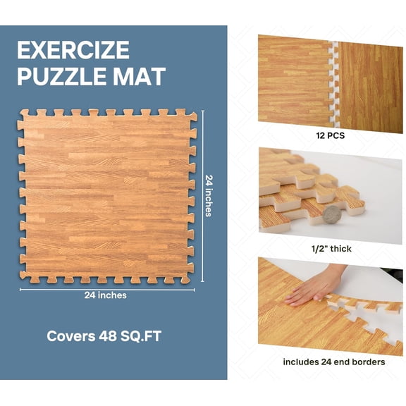 48 Sq.Ft Eva Puzzle Exercise Mats, 24"x24" x 1/2" Thick Foam Interlocking Tiles for Flooring, Workout, Gym Equipments, Pack of 12, Teak