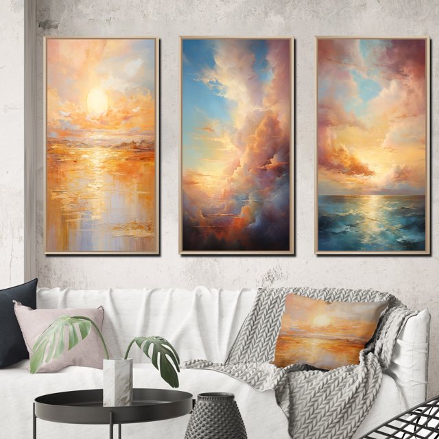 Designart "Bold Sunset Golden composition I" Landscape & Nature Framed Wall Art Set Of 3 - Yellow Sunset Frame Gallery Set For Office Decor