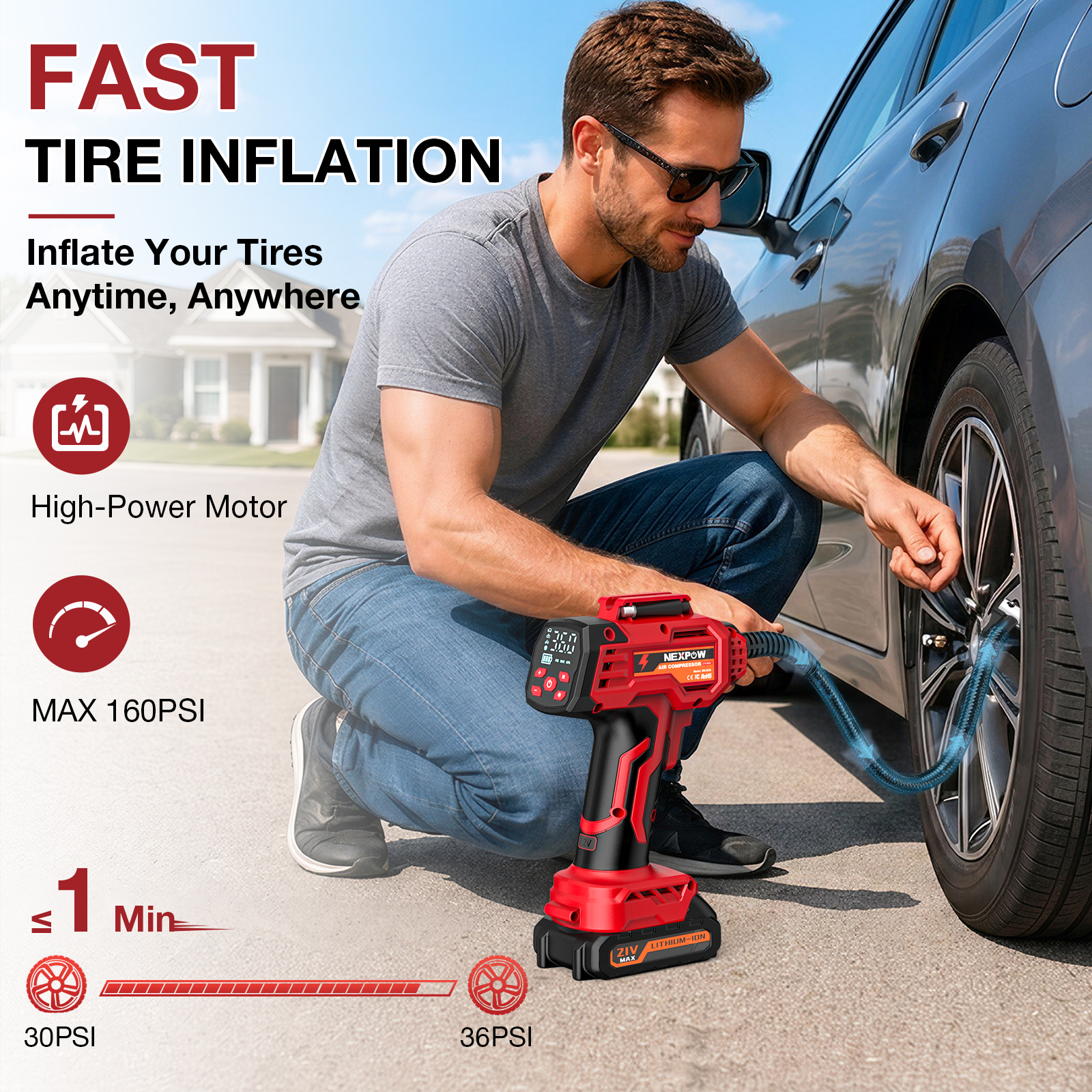 Nexpow 160PSI Cordless Tire Inflator Dual-Power photo 2