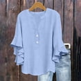thumbnail image 2 of NSLGXD Plus Size Blouses for Women Dressy Casual Button V Neck 3/4 Ruffle Sleeve Linen Shirts Office Work Ladies Tops Light Blue Blouses,Size S-3XL, 2 of 10