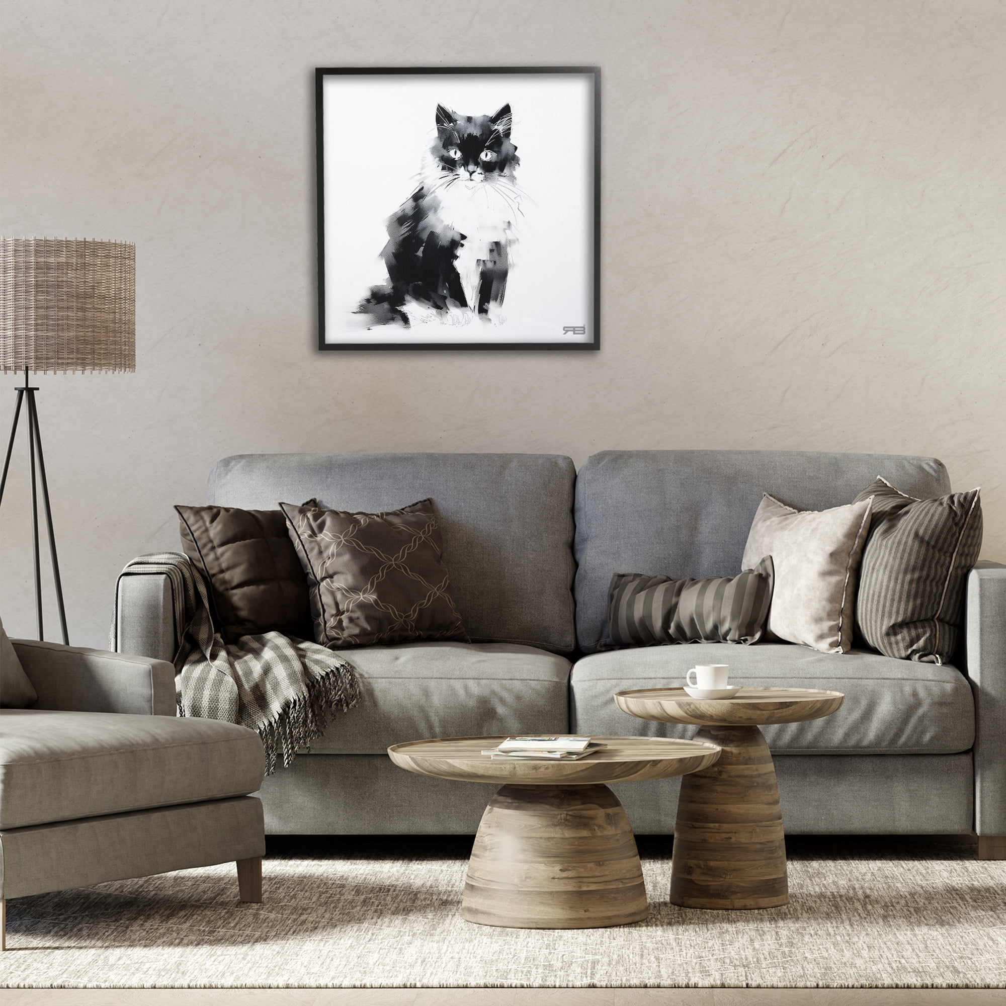 Stupell Industries Abstract Black & White Cat Animals & Insects Painting Black Framed Art Print Wall Art, 24 x 24