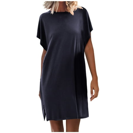 

Summer Casual Dresses for Women Pullover T Shirts Cap Sleeve Comfy Short Dress Slit Solid Homewear Pajama Dress