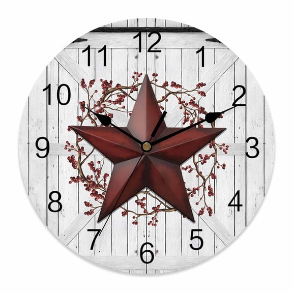 Wall Clock Red Barn Star Berry Clocks PVC Silent Non-Ticking Battery Operated Decorative Rustic Farmhouse Door Wall Round Clock for Home Living Room Kitchen Bedroom Office School Wall Decor 10 Inch