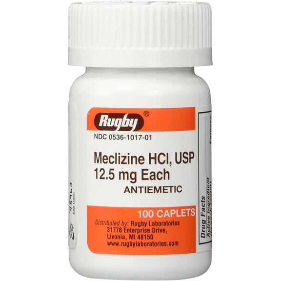 Rugby Meclizine 12.5 mg Antiemetic Tablets Motion Sickness Relief 100 Count Caplets