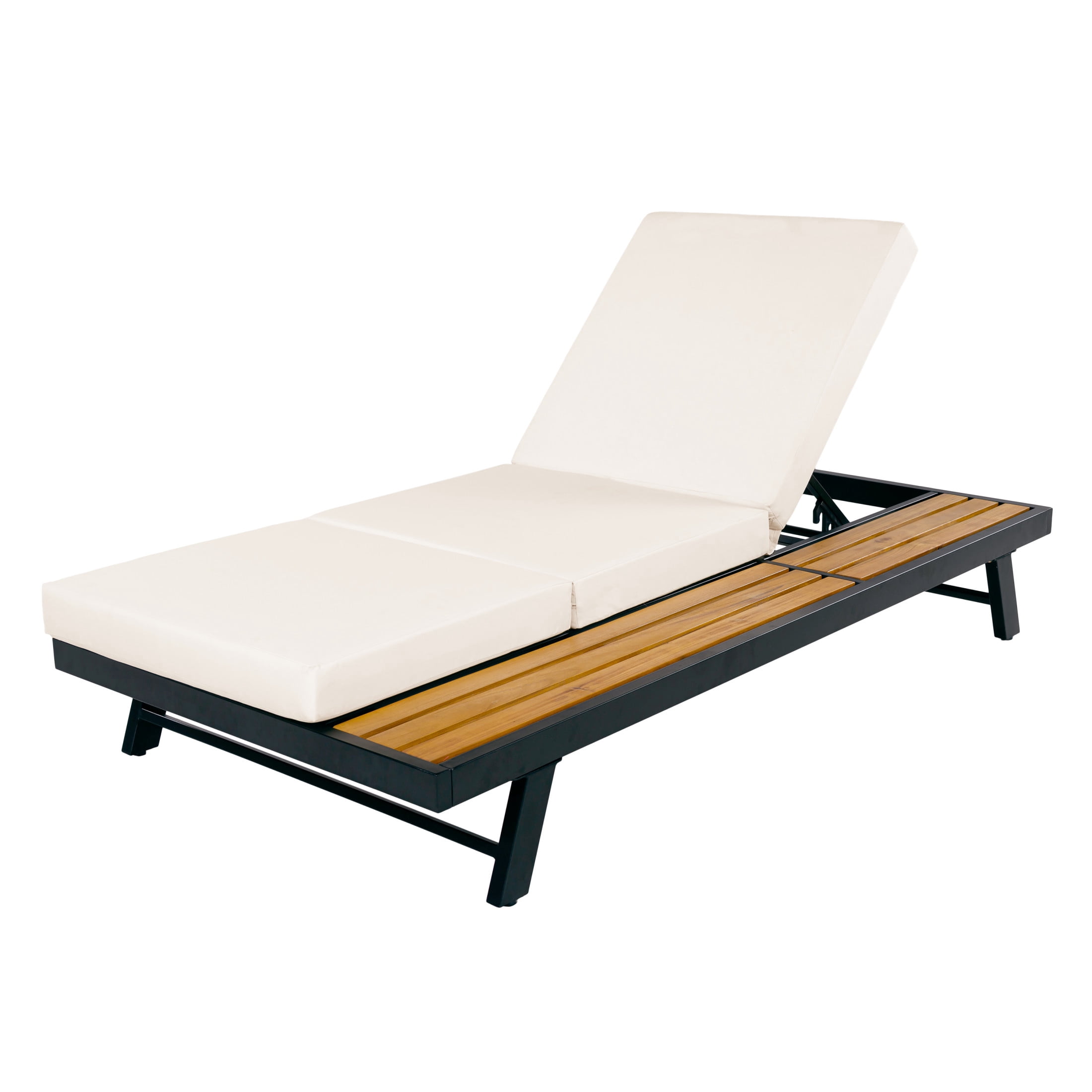Christopher Knight Home Adjustable Outdoor Iron Chaise Lounge with 3-Fold Cushion, Wood Side Shelf, Black+Cream