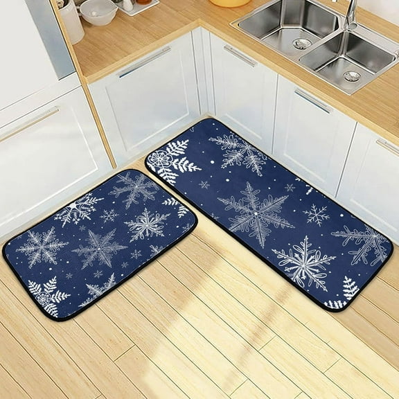 Winter Kitchen Rugs Christmas Runner for Floor 2 Pcs Christmas Kitchen Rugs Sets Blue Snowflake Non Slip Merry Christmas Decorations Runner Xmas Decor 20"x28" 20"x47"