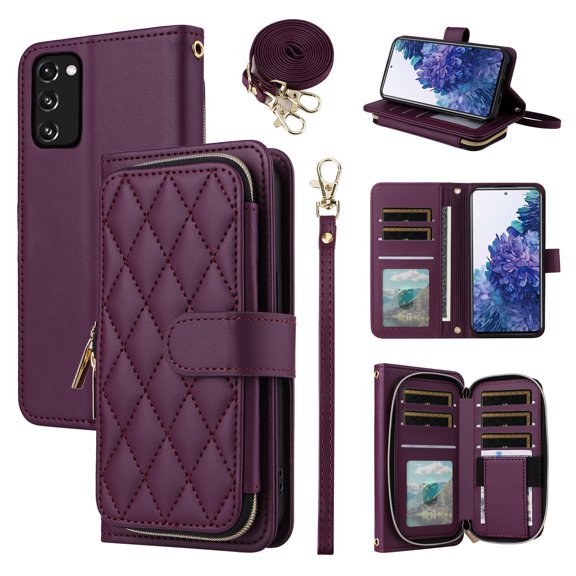 Furiet Wallet Case for Samsung Galaxy S20 FE 5G 6.5 inch with Wrist Strap Shoulder Strap, Card Slots Leather Stand Phone Cover for S 20 EF UW S20FE5G S20FE 20S S2O Fan Edition 4G G5 Women Deep Purple