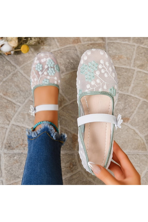 Elegant Shoes, Dress Shoes, Floral Embroidered Mesh Flats, Mesh Embroidered Flats for Women Leopard Mary Jane Flats Ballet Shoes Round Toe Slip On Ballerina Floral Shoes, Mint Green 9