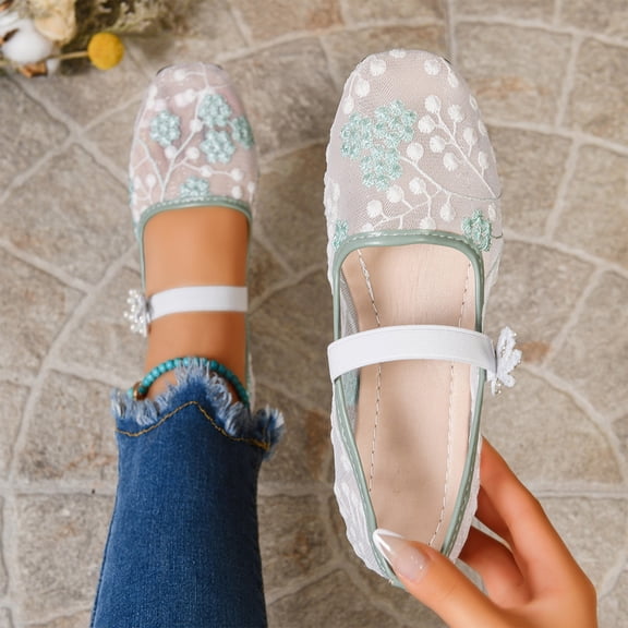 Willtoo Mesh Embroidered Flats for Women Leopard Mary Jane Flats Ballet Shoes Round Toe Slip On Ballerina Floral Shoes