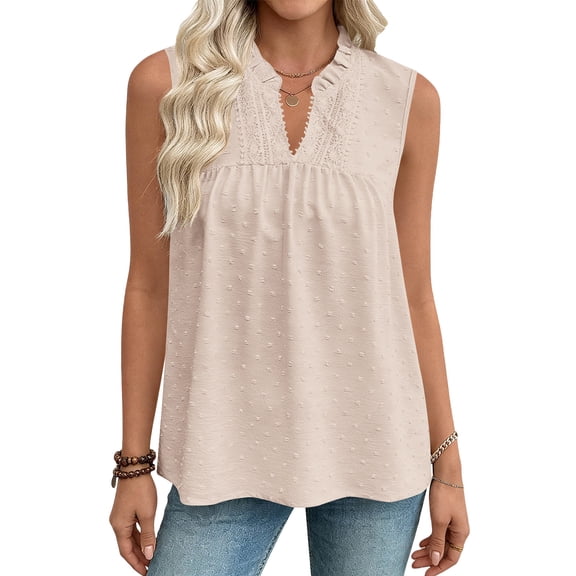 FDGIU Women's Ruffle V Neck Eyelet Sleeveless Tank Top, Loose Babydoll Curved Hem Summer Casual Camisole Blouse