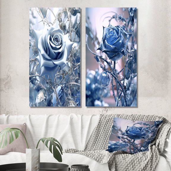Designart "Morning Light Gilded Blue Rose III" Rose Wall Art Set Of 2 - Traditional Blue Canvas Set For Living Room Decor