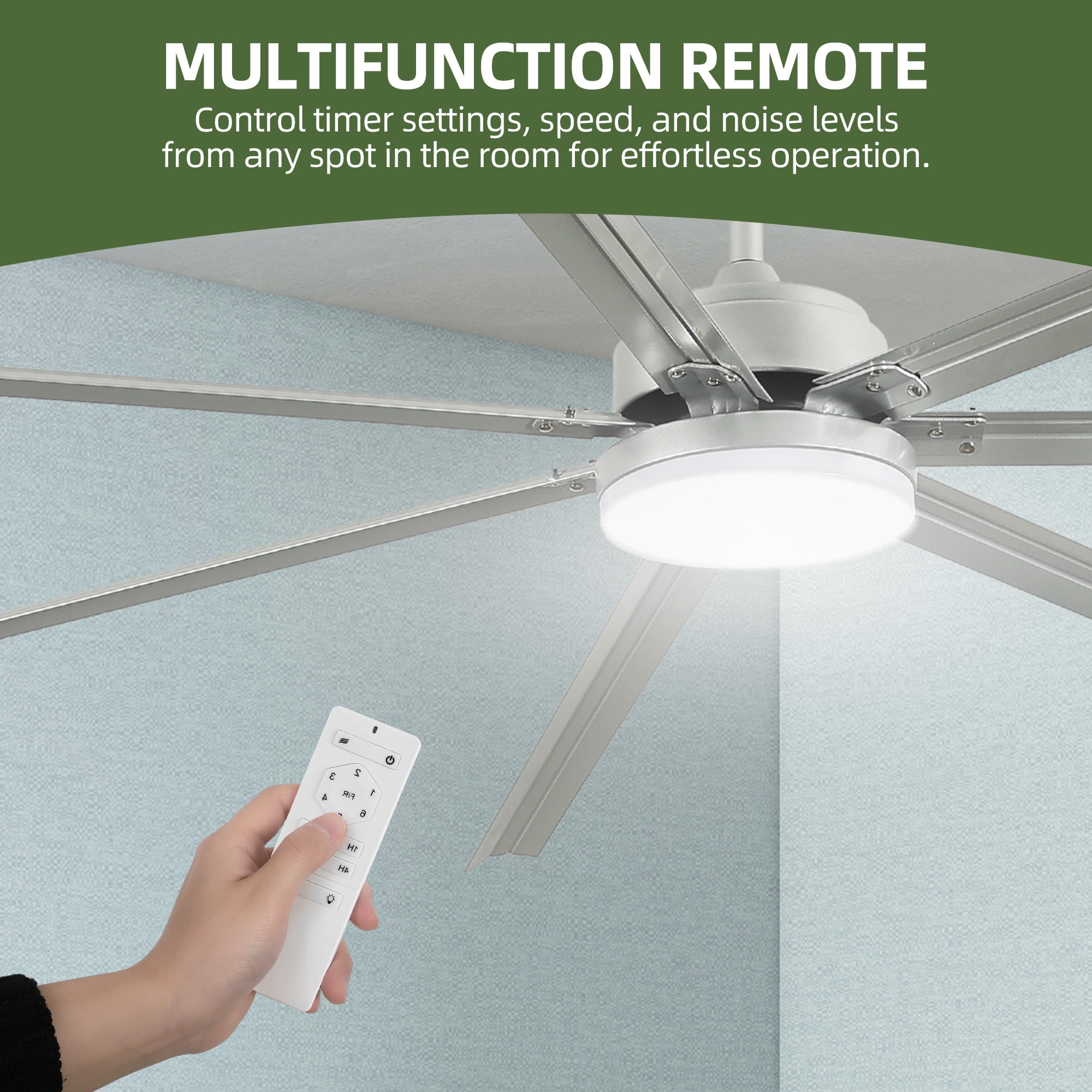 Uforic 96 inch Industrial Ceiling Fan with Lights and Remote Control – Quiet, High Airflow, Durable for Home & Commercial Use - Nickel