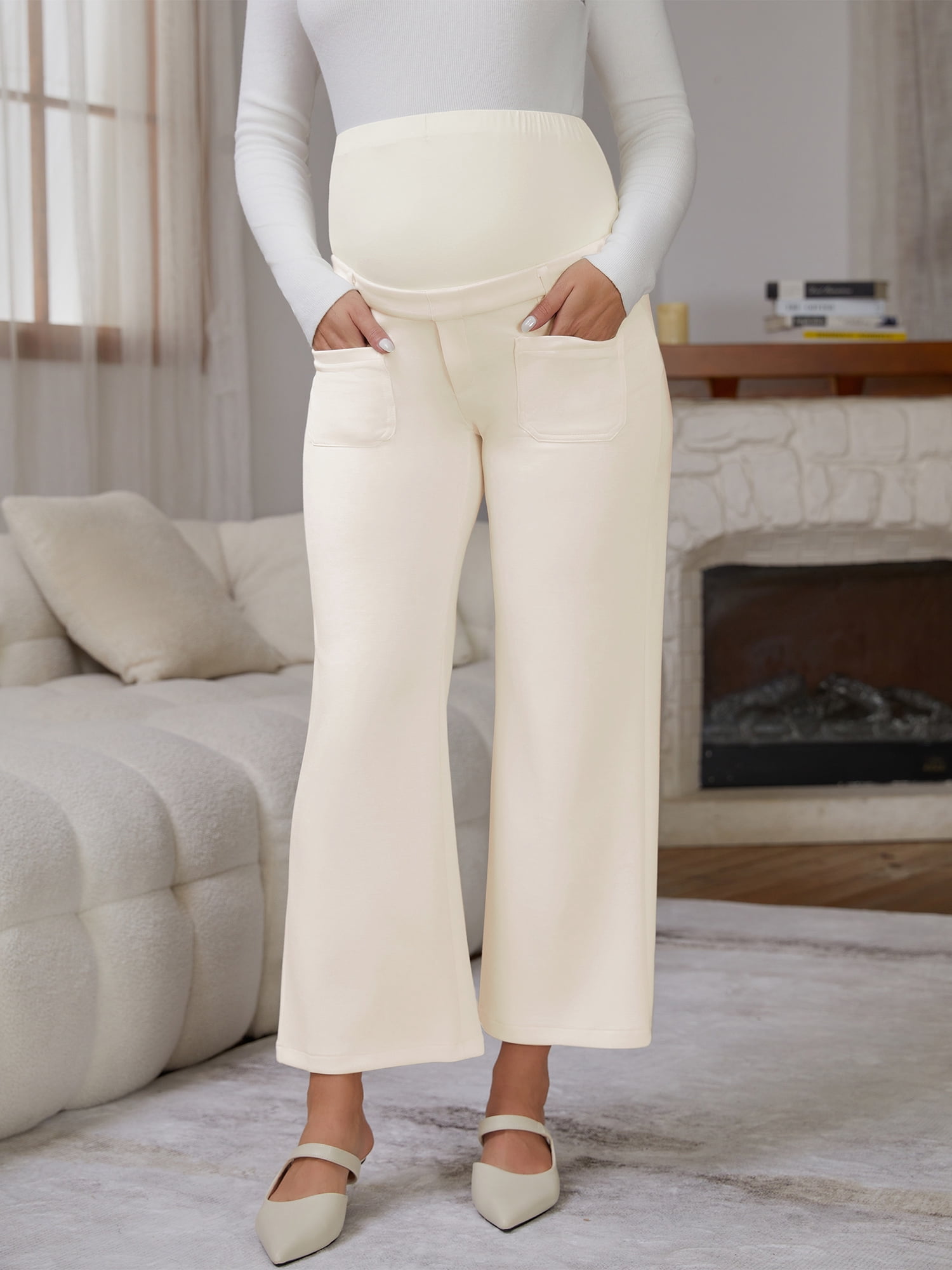 DARING DIVA Women's Maternity Pants Straight Leg Over the Belly Office Trousers L Beige