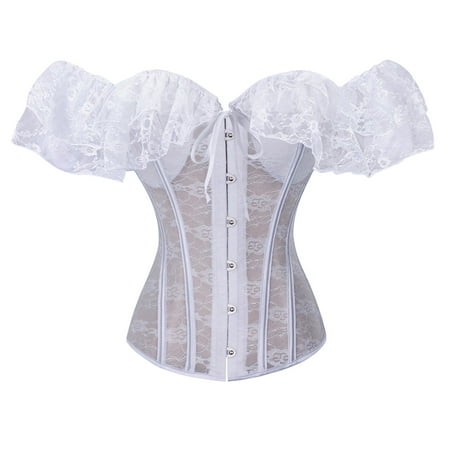 BYHONG Women Lace Up Vintage Boned Bustier Corset with Garters Lace Up Boned Overbust Corset Bustier Lingerie Bodyshaper Corset Tops for Women White Corset Dress Women XXL