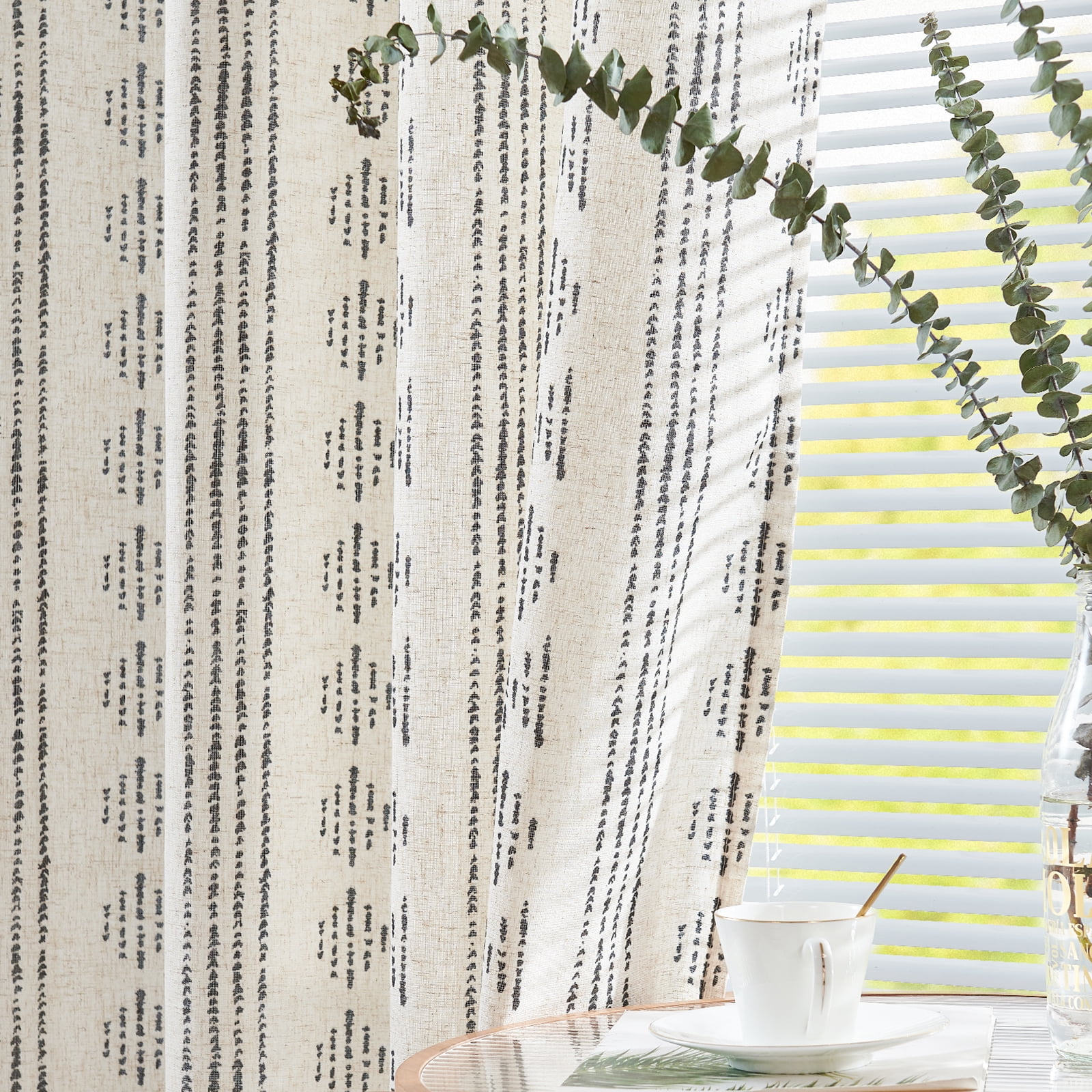 Curtainking Black Geometric Striped Curtains Light Filtering Linen Blend Farmhouse Boho Grommet Curtains for Living Room 52x84 Inch Set of 2
