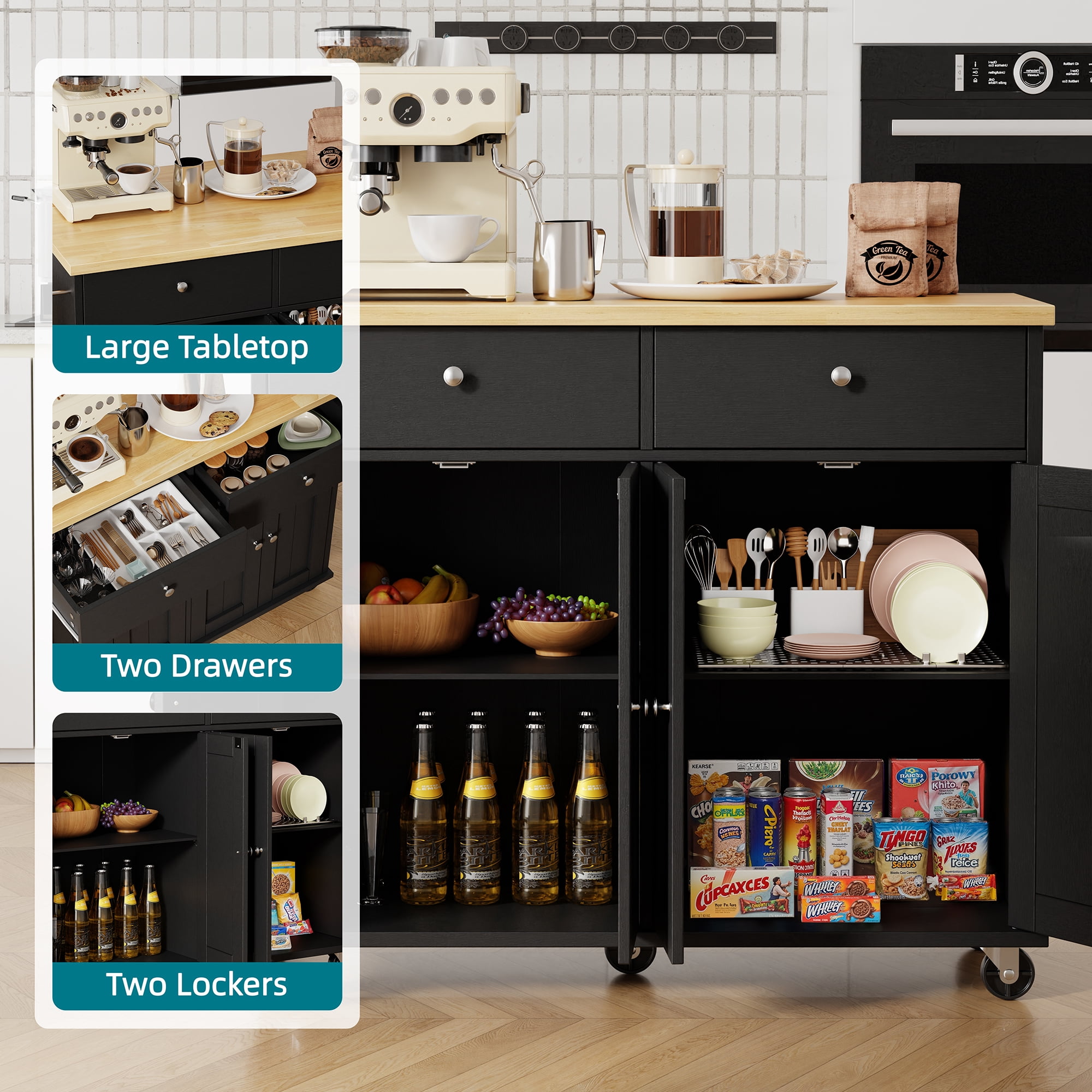 Walsunny Kitchen Islands Carts with Drop Leaf Table 2 Drawers 5 Wheels 4 Magnetic Doors Rolling Storage Cabinet Black