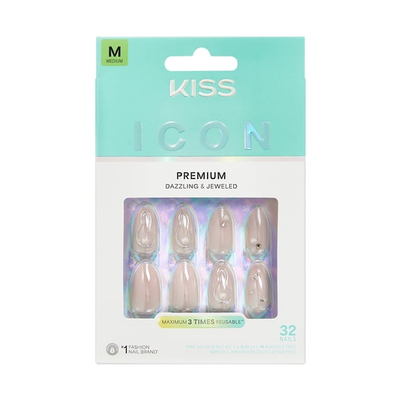 KISS ICON Press On Nails Almond, ‘Terrific’, Beige, Medium Length, 32 Count