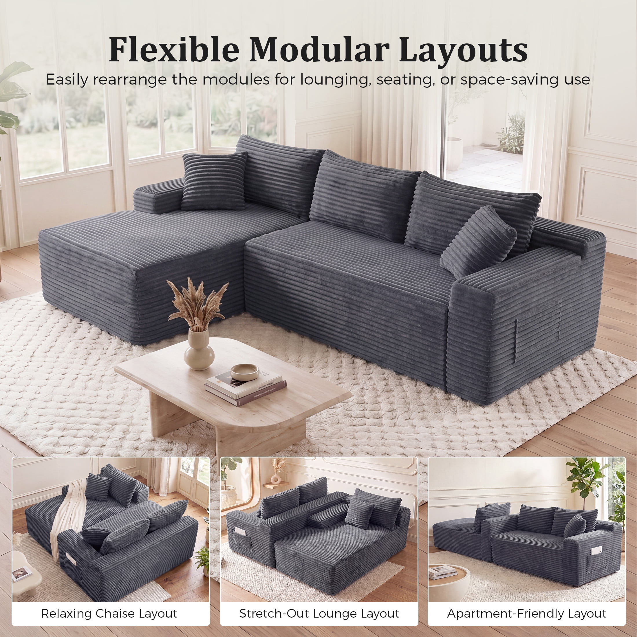 Aenkyo 95 Inch Corduroy L-Shaped Modular Sectional Sofa, Left Chaise, Gray