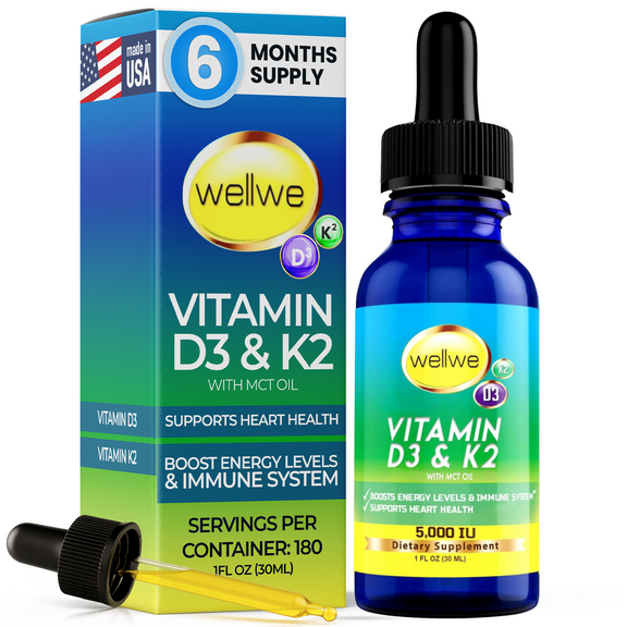 WELLWE Liquid Vitamin D3 K2 Drops with MCT Oil 5000 IU - Vegan, Unflavored (1 Bottle)