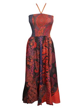 Mogul Women Bohemian Skirt Dress Red Black Printed Funky Summer Chic Beach Party Sundress S/M