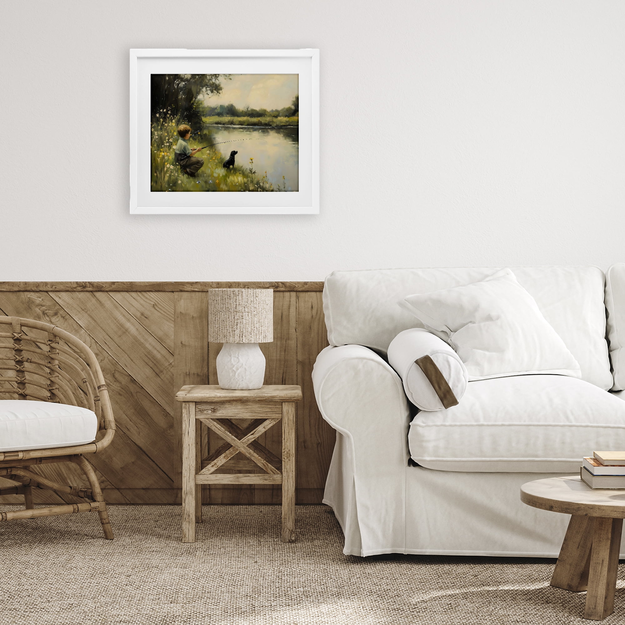 Boy & Puppy Fishing White Framed Print Under Glass, design by Arlington Prints