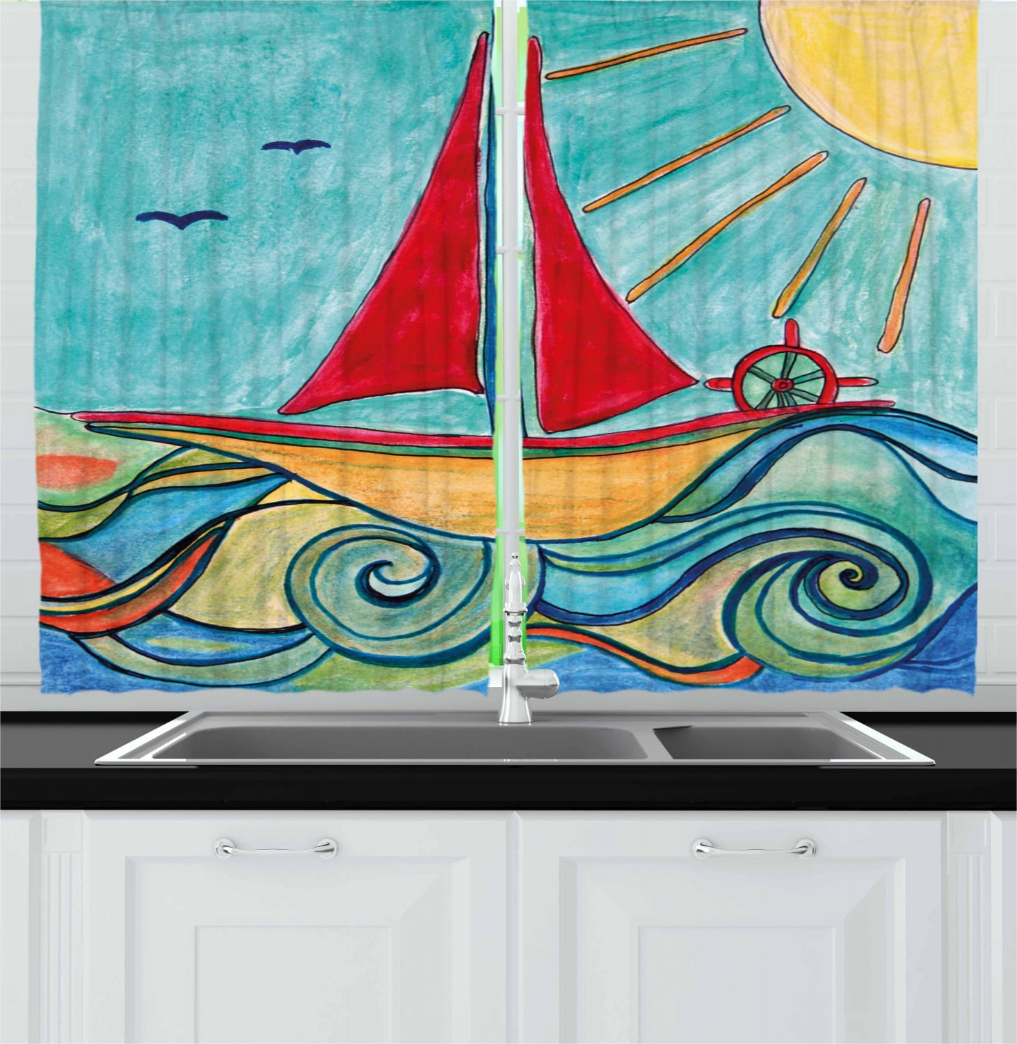Art Curtains 2 Panels Set, Baby Boy Paintings Ship in the Waves of Ocean Sun Kids Girls Nursery Picture, Window Drapes for Living Room Bedroom, 55W X 39L Inches, Teal Red Earth Yellow, by Ambesonne
