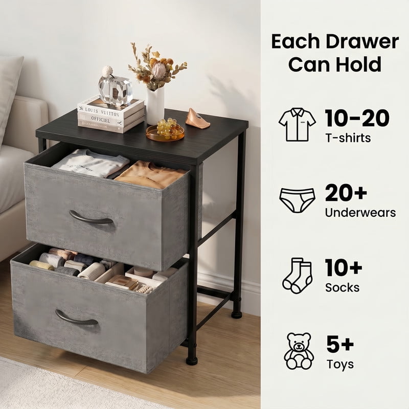 BEAUTYPEAK Nightstand 2-Drawer Fabric Dresser Bedside Table with Wooden Top Adjustable Feet, Gray