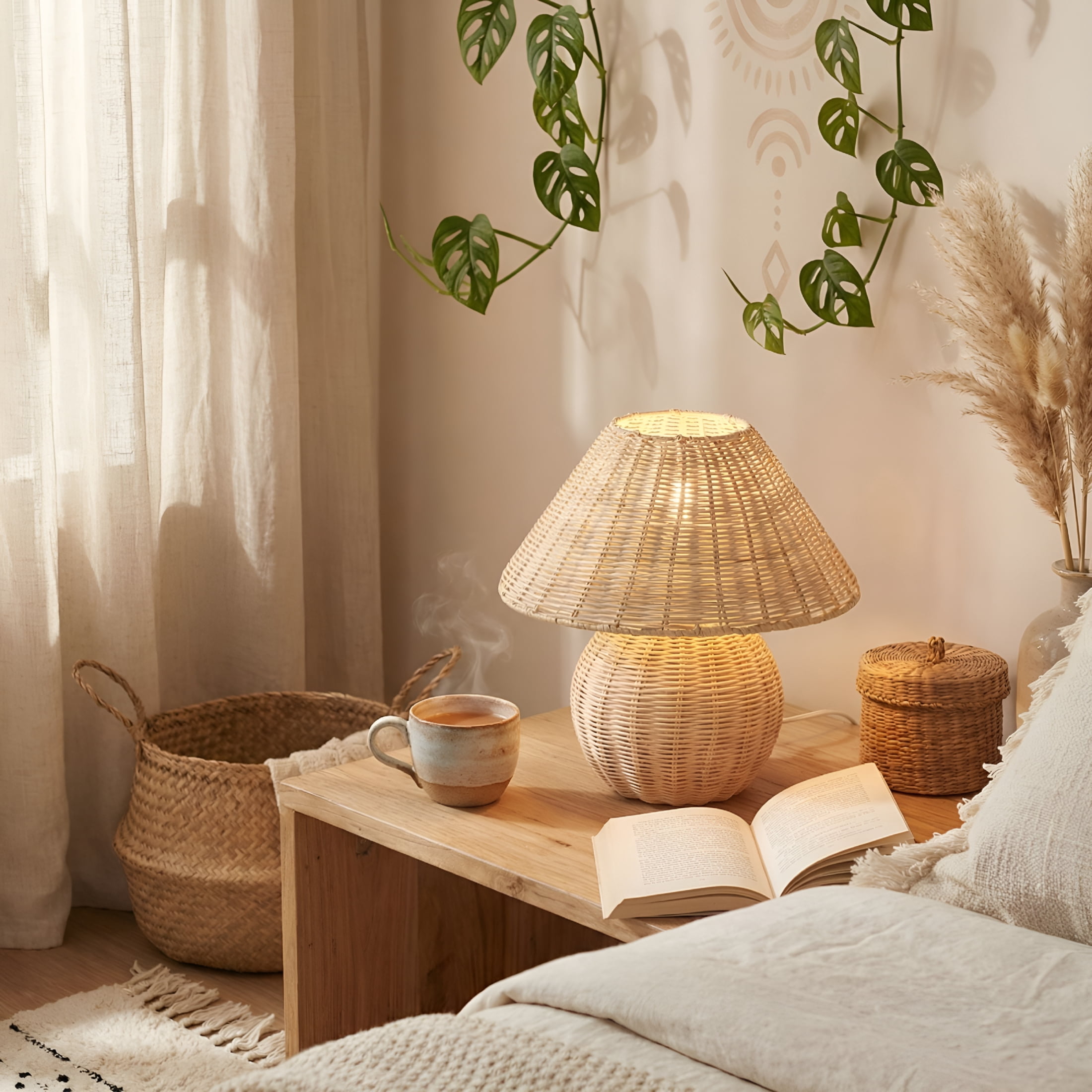 HIBIBUD Handmade Bamboo Rattan Table Lamp,Boho Wicker Bedside Lamp with 3-Color Adjustable Light,Vintage Wooden Nightstand Desk Lamp for Bedroom,Living Room,Entryway,Home Decor Accent