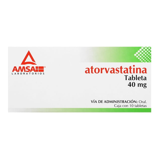 atorvastatina 40mg tab c10 Caja rectangular blanca y verde con texto rojo 'atorvastatina Tableta 40 mg', logotipo AMSA Laboratorios en rojo a la izquierda, indicación 'VÍA DE ADMINISTRACIÓN: Oral' y texto 'Caja con 10 tabletas'.