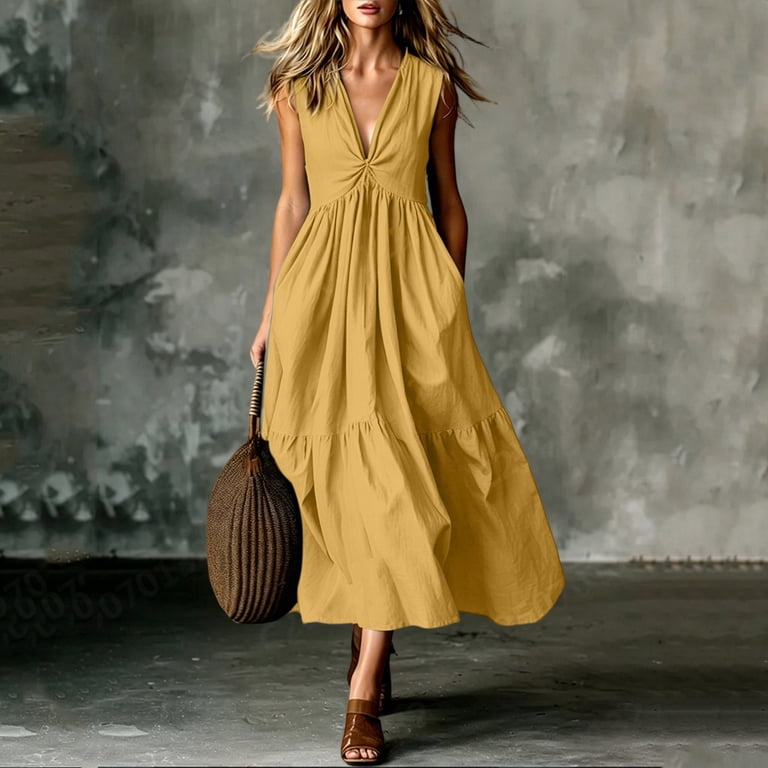 front twist v neck maxi dress in yellow Women's A Line Dresses V-Neck Twist Front Tiered Maxi Dress with Pockets  BreathableCasual Vacation Sundress Dresses for Women Yellow M