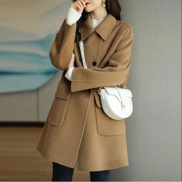 Abrigo de cuello de traje de lana para mujer, otoño e invierno, grueso, cálido, largo, suelto, pequeño abrigo