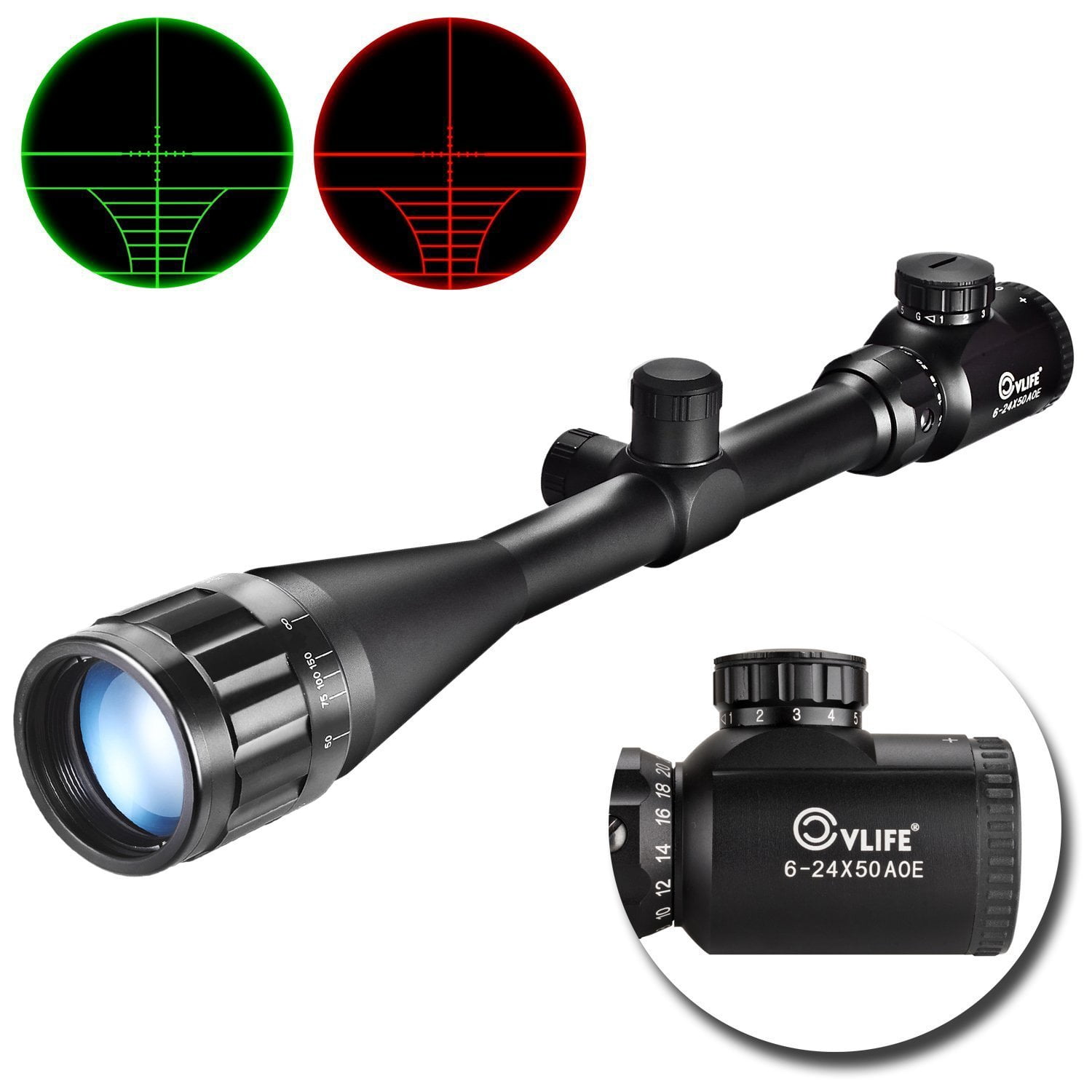 6-24x50 Aoe Riflescope Adjustable Green Red Dot Hunting Light Tactical Scope 