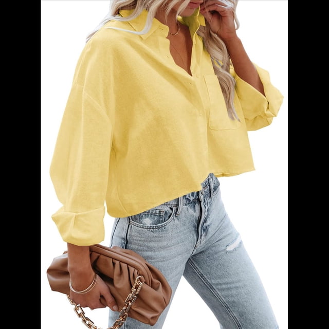Camisas de Mujer con Botones, Tops Casuales de Larga, Blusa con Solapa y Bolsillo en el Pecho Amarillo S