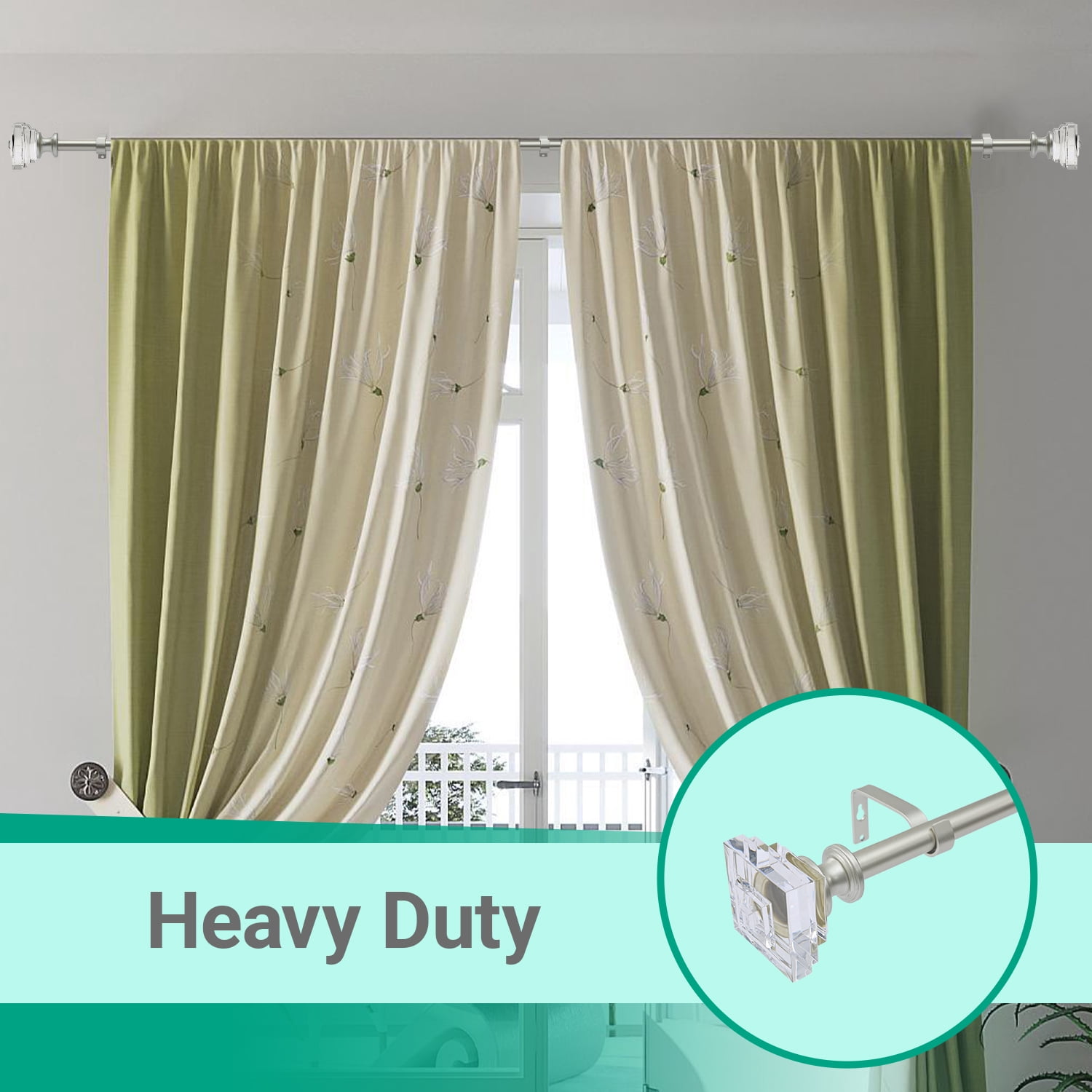 Curtain Rods 30-55" Champagne Adjustable drapery rod with 60mm clear square finials and 3 piece wall brackets.