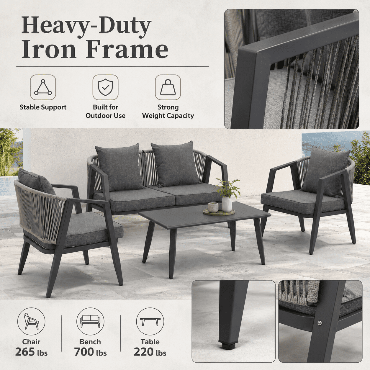 Patio Furniture Set on Sale, 4-Piece Outdoor Conversation Set with Thickened Cushions, Heavy-duty Iron Frame Sectional Sofa Set with Steel Coffee Table for Patio, Lawn, Garden, Balcony & Poolside