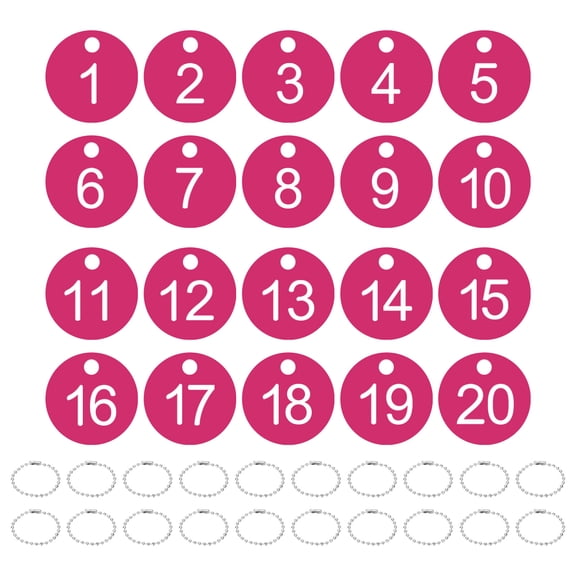 1-20 Number Tags, 20Pcs Round ID Number Key Tags Plastic Numbered Keychain with Key Rings for Luggage Lockers Organizer Field Sales Hangers Clothes Labels, White-Rose-Red