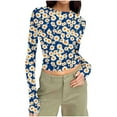 thumbnail image 2 of Odbmxy Womens Long Sleeve Tshirts Fall Womens Undershirts Floral Cute Layering Stretch Casual Tight Tops,Blue 3XL, 2 of 7