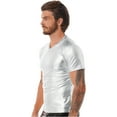 thumbnail image 2 of YONGHS Men's Liquid Shiny Metallic V-Neck Short Sleeve T-Shirt for Nightclub Tops Silver 3XL, 2 of 8