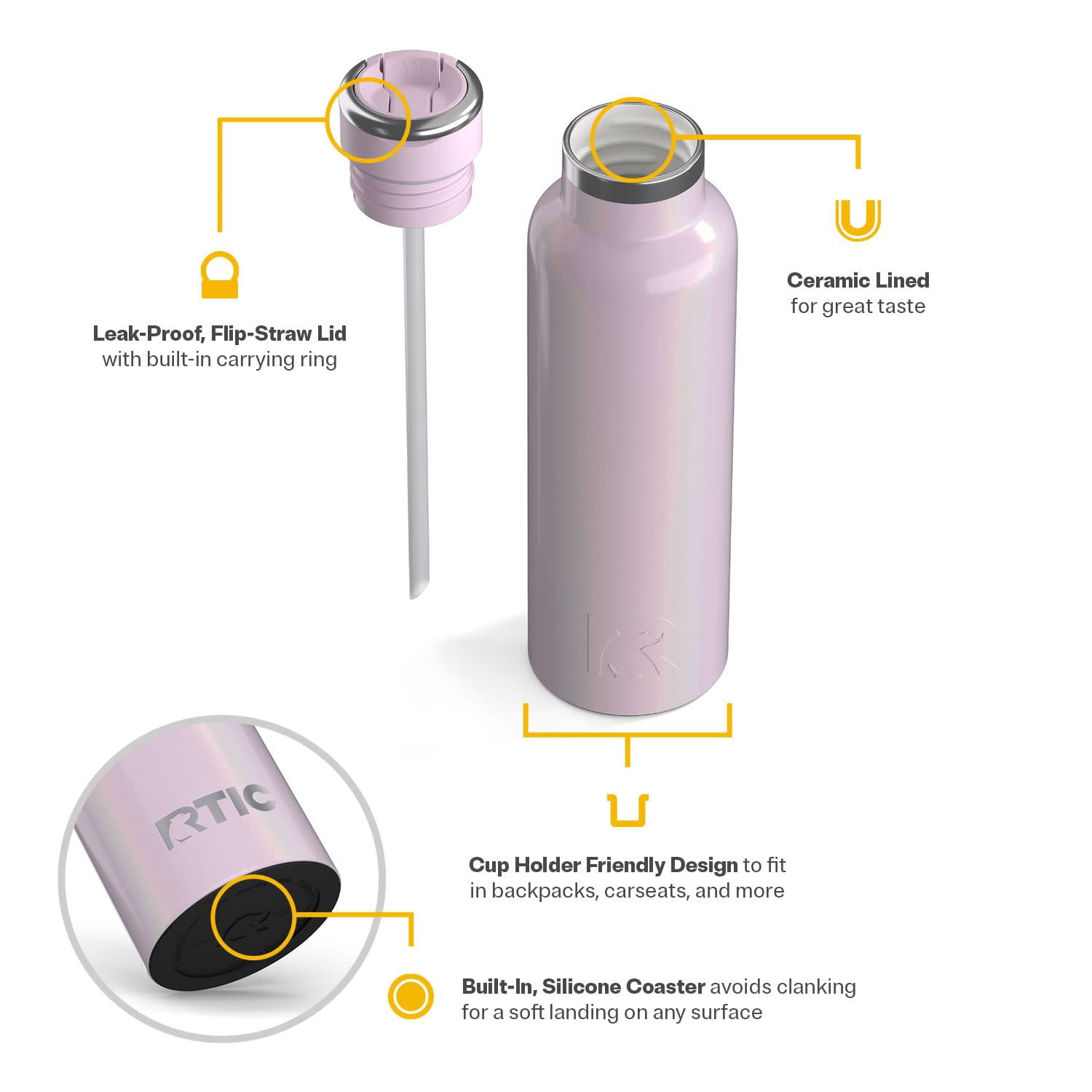 RTIC 20 oz Ceramic Lined Insulated Journey Water Bottle, Leak-Proof Lid, Pale Pink Glitter